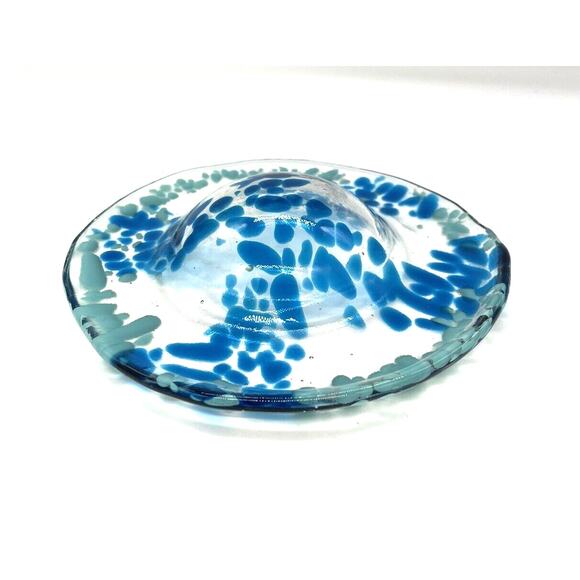 Hand Blown Art Glass Shallow Bowl Blue and Teal Speckled Swirl 6.5” Wide - Picture 6 of 10
